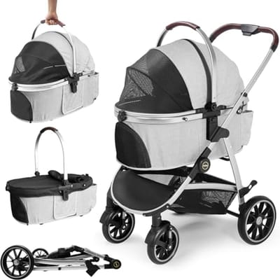 DAISTERN Dog Buggy Foldable up to 25kg, Dog Carriage with Aluminum Alloy Frame, 360° Rotatable Rubber Tyres, Rear Wheel Brakes, Safety Belt and Comfortable Seat Cushion