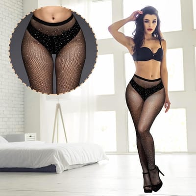 Sparkly Fishnet Kousen met Hoge Taille en Strass voor Feestelijke Gelegenheden - Zwarte Maat One Size, Glanzend en Glamoureus