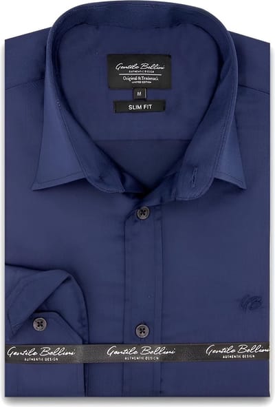Overhemden Heren Lange Mouwen - Slim Fit Overhemd Heren - Effen Overhemd Luxe Satijnen Stof - Navy