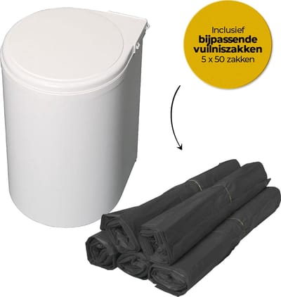 Afvalbak 13 Liter met vuilniszakken – Inbouw Prullenbak – Uittrekbare afvalemmer – Geschikt voor deurbreedte 40 cm, inbouwdiepte 30 cm & Kasthoogte 45 cm – Ø33.5 - Wit