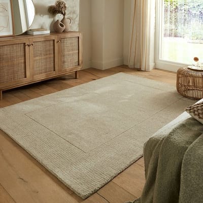 Flycarpets Tuscany Modern Wol - Effen - Kader Vloerkleed - Naturel / Beige - 160x230 cm
