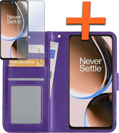 Hoes - Met Screenprotector - Geschikt voor OnePlus Nord CE 3 Lite - Luxe Pasjeshouder - Bookcase Portemonee - Flip Case - Kunstleer Book Case - Flipcase - Book Cover - Walletcase - PortemonneeHoes - Paars