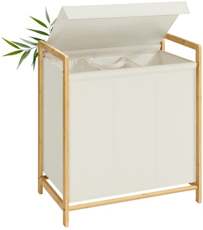 Wasmand – Bamboe frame – 2 compartimenten – Afneembaar deksel – 100 L – Crèmewit – 65 x 40 x 78 cm