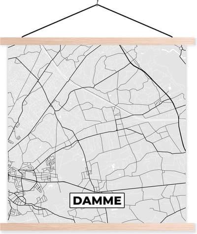 Posterhanger incl. Poster 40x40 cm - Schoolplaat - Zwart Wit – België – Plattegrond – Stadskaart – Kaart – Damme - Textielposter - Blanke latten - Stadskaart