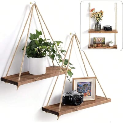 Balançoire en bois suspendue en corde de chanvre, 1 pièce, étagère murale flottante, pour la maison, le salon, Pot de fleurs, plateau de rangement, décoration de jardin gray
