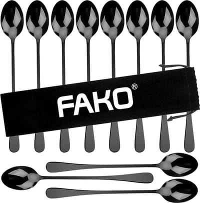 Fako Bijoux® - 12 Lange Lepels - Latte Macchiato - Longdrink - Cocktail - Dessert - IJs - Koffie - Zwart - 12 Stuks - Bewaarzakje