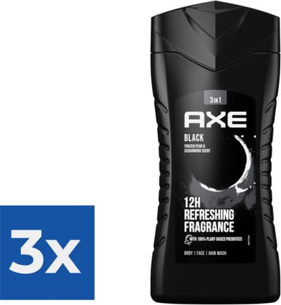 3 x Axe - 3-in-1 Douchegel - Black - Frozen Pear & Cedarwoord - 12hrs Long Lasting Scent - 250 ml - Voordeelverpakking - 3 stuks