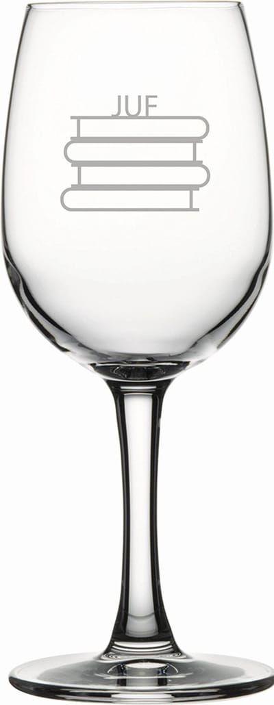 Gegraveerde witte wijnglas 26cl Juf met boeken