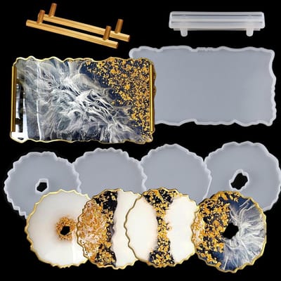 Set van 5 Irregulaire Rectangulaire Siliconen Gietmallen met Handvatten voor Epoxyhars, Coaster en Theeblaadjes maken