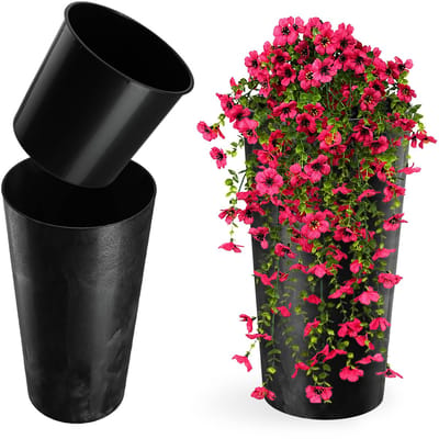 KADAX Bloempot met houtspaanders, elegante bloempot met uitneembare inzet, bloempotbescherming voor kantoor, bloembak, pot, tuinschaal (beton zwart, diameter 19,5 cm)