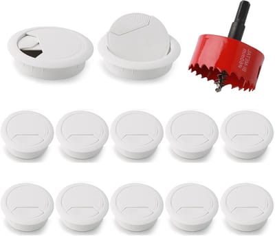 Kabeldoorvoer voor Bureau, Set van 12 Stuks, 60mm Rond, Inclusief Gatenzaag, Ideaal voor Kantoor en Werkplekken, Wit