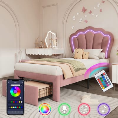VVBV Gestoffeerd Opbergbed 90x190 cm met Voor Kinderen/Tieners, Verstelbaar Hoofdbord - Lattenbodem - Fluweel Roze