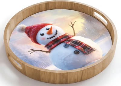 Dienblad rond 40x40 cm - Schootdienblad hout - Sneeuwpop - Zonsondergang - Wit - Borrelplank rechthoek - Plateau houten dienbladen