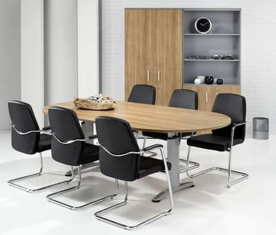 Hoogte verstelbare ovale t-poot vergadertafel Work breed 240CM diep 120CM bladkleur Robson Eiken framekleur Aluminium (RAL9006)