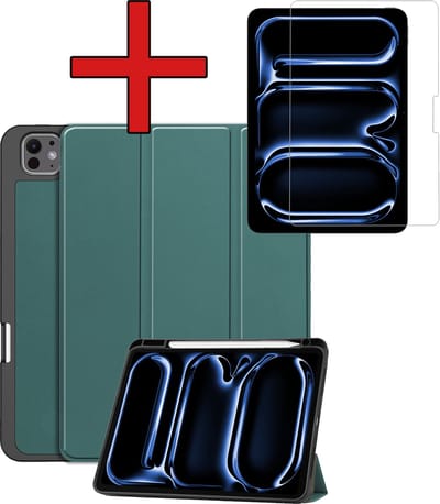 Hoesje - Geschikt voor Apple iPad Pro (2024/2025) - 11 inch - Met Screenprotector - Trifold Bookcase Hoes - Hard Cover Case - Met Uitsparing Geschikt voor Apple Pencil - Hardcover Book - Tablethoes - Donkergroen