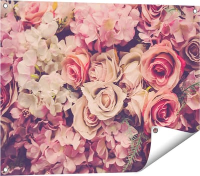 Gards Tuinposter Roze Rozen Achtergrond - Retro - Bloemen - 80x60 cm - Tuindoek - Tuindecoratie - Wanddecoratie buiten - Tuinschilderij