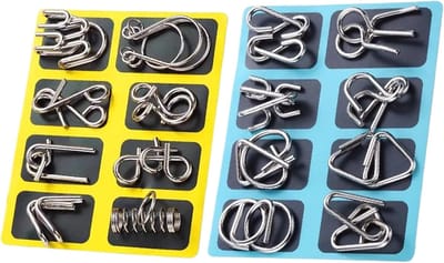 Metalen Draadpuzzels - Intelligente Uitdaging - Mentale Stimulatie - 16 Unieke Puzzels - 18x14x0.1 cm - Zilverkleurig