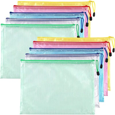 QTTVBTNA - 10 Stuks A4 Documententassen met Ritssluiting – Verdikte Waterbestendige Mesh Opbergtassen – Kunststof Zip Bags voor Bestanden, Papieren en Bonnen – Voor Kantoor, School en Studie – Duurzaam & Praktisch - 33,5 × 23,5 cm