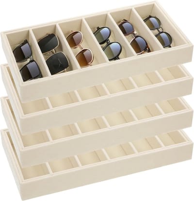 Zonnebril Organizer met 6 Roosters - Fluwelen Lade voor Sieraden en Accessoires - Stapelbare Display Organizer (Beige)