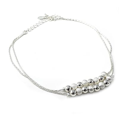 Zilverkleurig enkelbandje met dubbele ketting en kraaltjes 21-24 cm