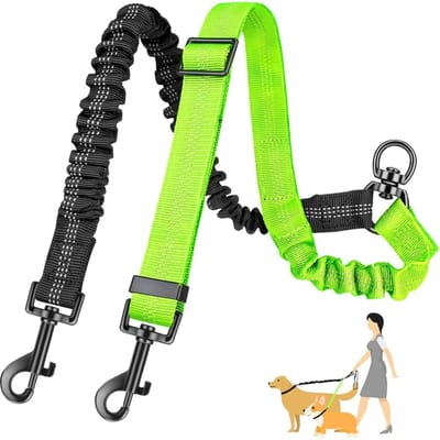 Dubbele Hondentuig, 2-in-1 Geüpgraded Dubbele Hondentuig Bevestiging Combineert Verstelbare Riem En Schokabsorberende Bungee Geen Knoop Dubbel Tra lichtgroene kleur