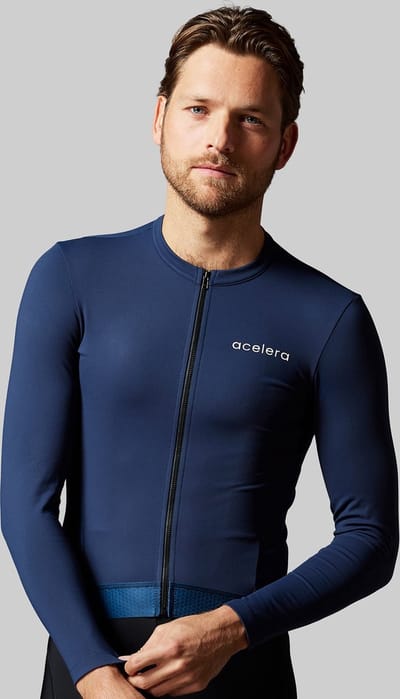 Acelera Fleece Fietsshirt Wielerjack Lange Mouwen Dark Blue - Thermo - Fietsjack - Wielrenjack - Fietsjas - Heren - Fietsshirt Lange Mouwen- Maat M
