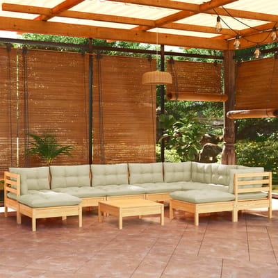 vidaXL - 10-delige - Loungeset - met - crèmekleurige - kussens - massief - grenenhout
