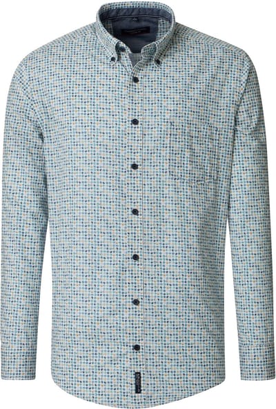 CASA MODA Sport casual fit overhemd - popeline - wit met blauw - aqua en geel balletjes dessin - Strijkvriendelijk - Boordmaat: 43 - 44