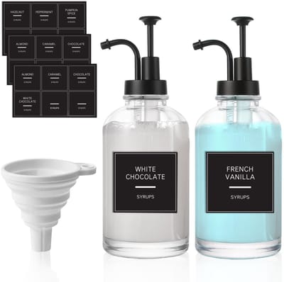 JHUBERS- Siroopdispenser 500 ml - Set van 2 - Glazen Siroopdispenser - Pompdispenser voor Koffie - Baraccessoires - Inclusief 18 Stickers - Siroopfles
