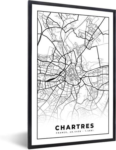 Fotolijst incl. Poster Zwart Wit- Frankrijk – Kaart – Plattegrond – Stadskaart - Chartres - Zwart wit - 40x60 cm - Posterlijst
