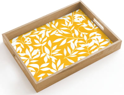 Dienblad hout 40x30 cm - Schootdienblad - Bladeren - Takken - Geel - Borrelplank rechthoek - Plateau dienbladen
