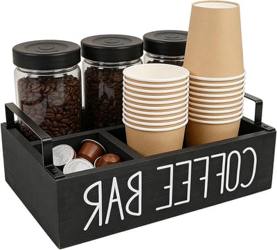 Elegante Houten Koffiebar Organiser met Handvatten voor het Keukenblad, Duurzaam en Stijlvol Design, Perfect voor Koffie- en Theeparty's