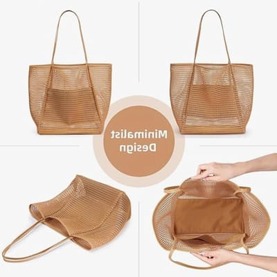 Herbruikbare boodschappentas, mesh strandtas, grote 22L tas met dubbele handvatten, ideaal voor winkelen en stranduitjes, khaki kleur