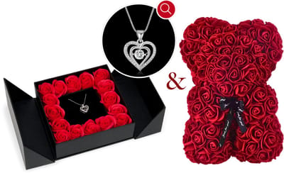 Bloemen & Rozenbeer & Silverplated Hartjes Ketting | Ketting Dames |Sieradendoos | Vrouw | Vriendin | Moeder | Dochter | Verjaardag | Cadeau | Geschenkset Vrouwen | Juwelendoos | Rozenblaadjes | Geschenkdoos |