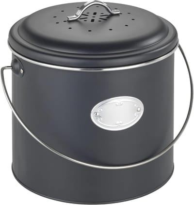 6L Seau à Compost en Métal avec Couvercle en Silicone - Filtres à Charbon Actif - Neutraliseur d'Odeurs - Plaque d'Étiquetage - Ø 225 x 225 cm - Noir
