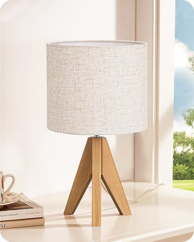 Tafellamp hout statief - vintage landhuis lijn - lampenkap beige oranje - moderne decoratie slaapkamer woonkamer - nachtkastje cadeau