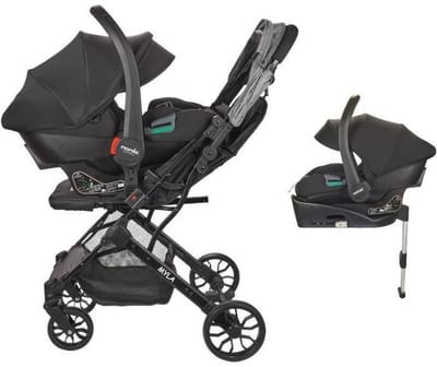 NANIA - 2-in-1 kinderwagen met autostoeltje Rimini + isofix basis - MYLA - 4 wielen - Zwart