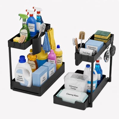 Thijox - Onderkast Organizer Set van 2 - Wigvorm, 2 Niveaus, Uittrekbare Lade, 5 Haken, Zwart - Ideaal voor Keukenkast, Werkblad, Badkamer & Wasruimte