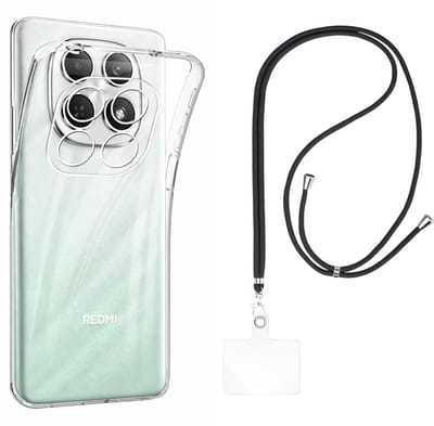 Set met hoesje en nekband voor xiaomi redmi note 15 pro 4g - Flexibele, transparante TPU-bescherming, verstelbare universele nekband voor mobiele telefoons, zwarte nekband, transparante draagriem van Phonillico®