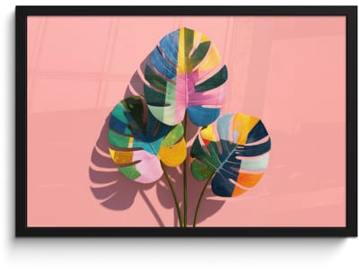Poster in lijst - Fotolijst 60x40 cm - Posters - Bladeren - Geschilderd - Vlakken - Kleurrijk - Posterlijst zwart - Decoratie - Wanddecoratie woonkamer - Muurdecoratie slaapkamer