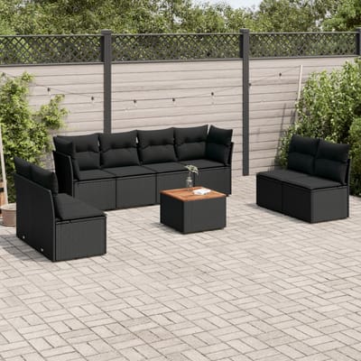vidaXL - 9-delige - Loungeset - met - kussens - poly - rattan - zwart