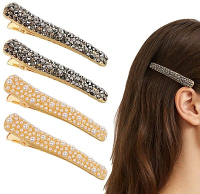 Dailygoods - Haarspelden met strass, 4 stuks, mazenhuid haarspelden, metalen haarspelden voor dames en meisjes (zwart, wit)