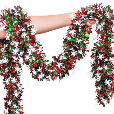 10M Kerst Tinsel Garland met Sneeuwvlokken, Rood Groene Metallic Versiering voor Kerstboom, Winterbruiloft en Feestjes