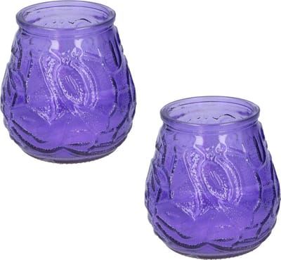 Set van 2x stuks citronella lowboy tafelkaars in paars glas - 10 cm - 15 branduren