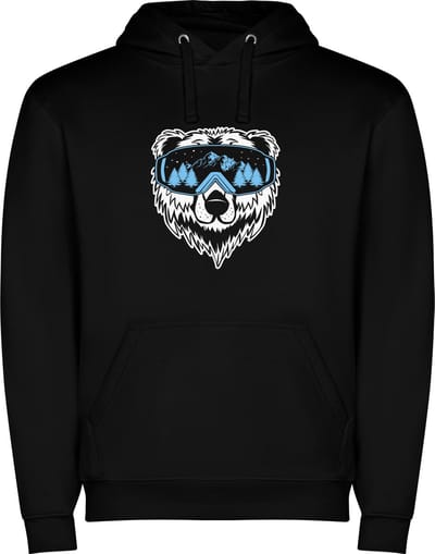Zwarte unisex hoodie met “ Kleurrijke Berenkop met Skibril – Sneeuw – Bergen – Wintersport “ Print Full Color merk Roly maat XL