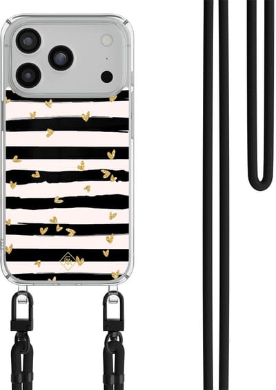 Casimoda® hoesje met zwart koord - Geschikt voor iPhone 17 Pro Max - Hart Streepjes - Afneembaar koord - TPU/polycarbonaat - Zwart