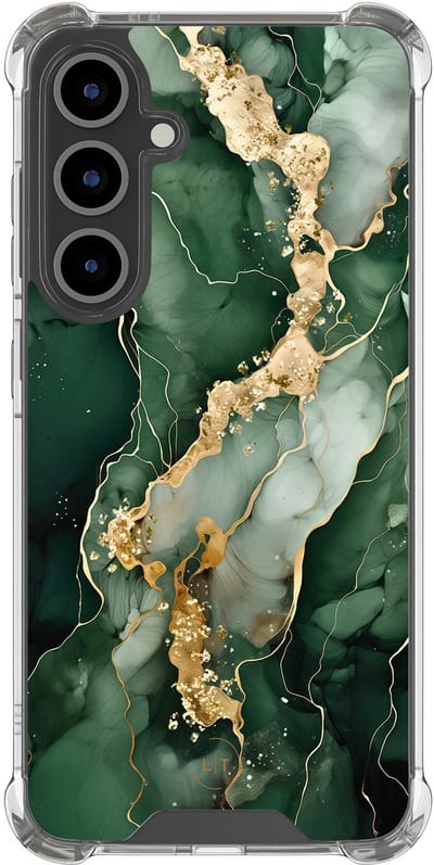Shockproof hoesje - Geschikt voor Samsung Galaxy S24 FE - Marmer groen goud - Extra sterke case - TPU/polycarbonaat - Marmer - Groen, Goud, Transparant