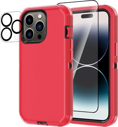 Stravo Heavy Duty iPhone 14 Pro Max case met Screen Protector en Lens Protector - Rood - Afsluitbaar stofbestendig shockproof telefoonhoes cover bestaande uit 3 lagen inclusief schermbeschermer en lensbeschermer - Geschikt voor iPhone 14 Pro Max