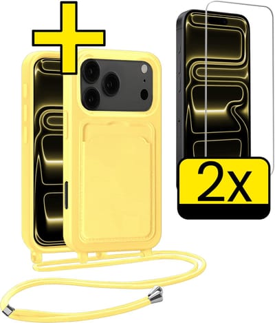 Hoesje Geschikt voor iPhone 17 Pro Max Telefoonhoesje Met Koord Case Pashouder Met 2x Screenprotector Siliconen - Hoes Geschikt voor iPhone 17 Pro Max Hoesje Met Kaarthouder - Geel