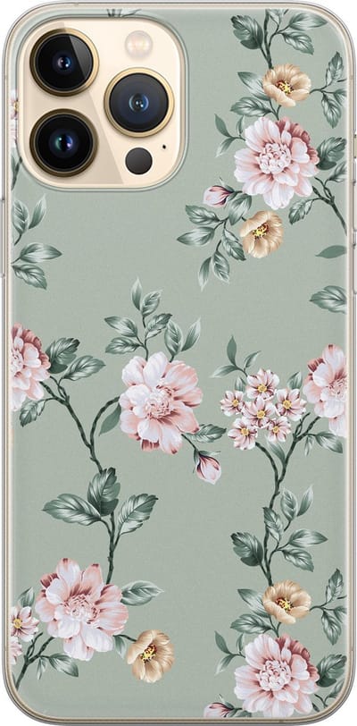 Leuke Telefoonhoesjes - Hoesje geschikt voor iPhone 13 Pro Max - Bloemetjes - Soft case - TPU - Bloemen - Groen